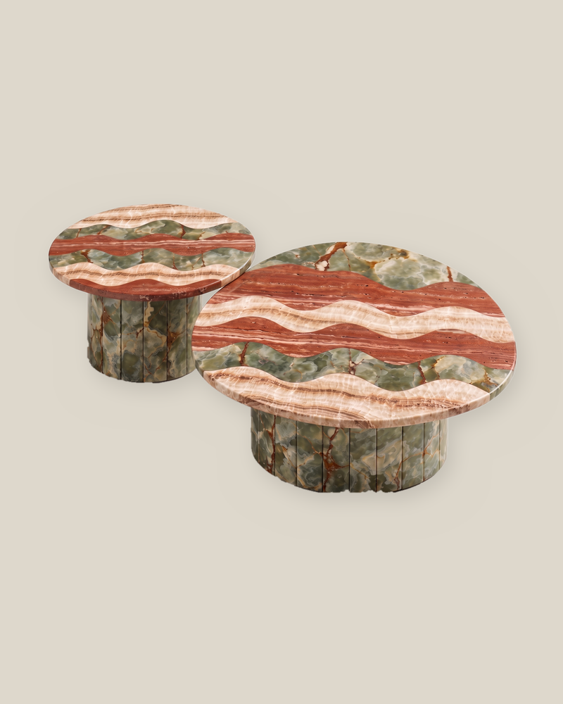RIPPLE coffee table set by CARVINGS with Jade Green Onyx bases on a BONE background.