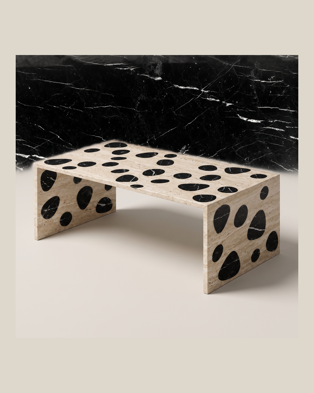 Cheetah coffee table by CARVINGS in Beige Travertine and Nero Marquina on a BONE background.