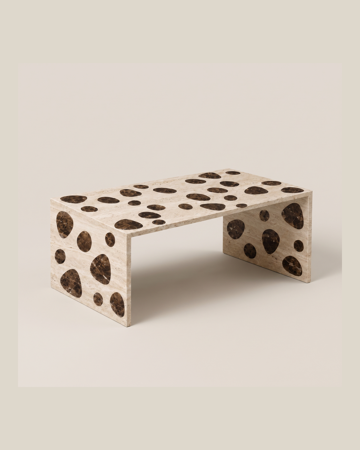 Cheetah coffee table by CARVINGS in Beige Travertine and Dark Emperador on a BONE background.