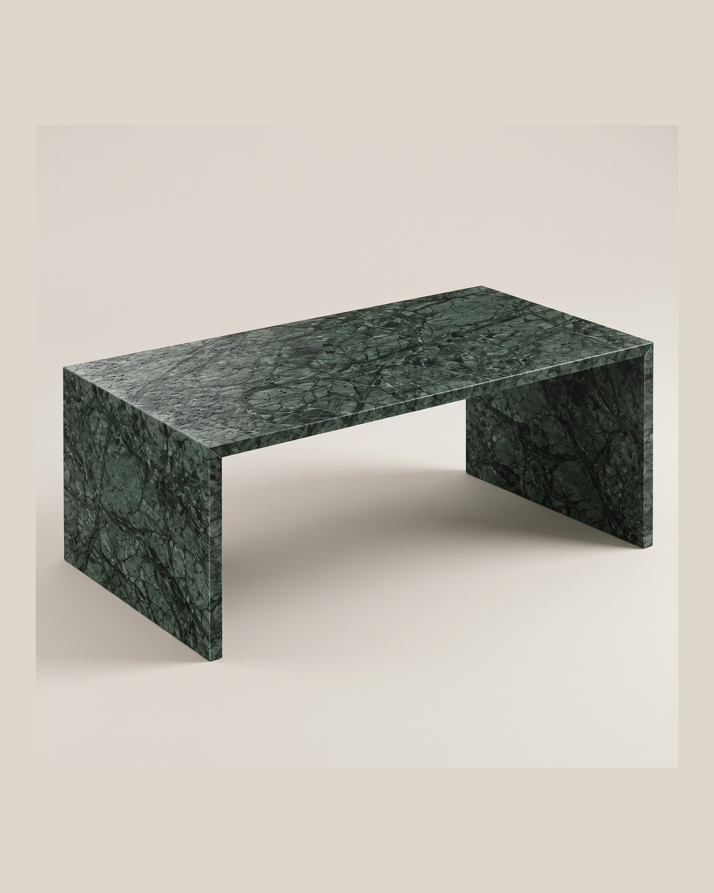 CROCO coffee table by CARVINGS in Verde Green Marble on a BONE background.