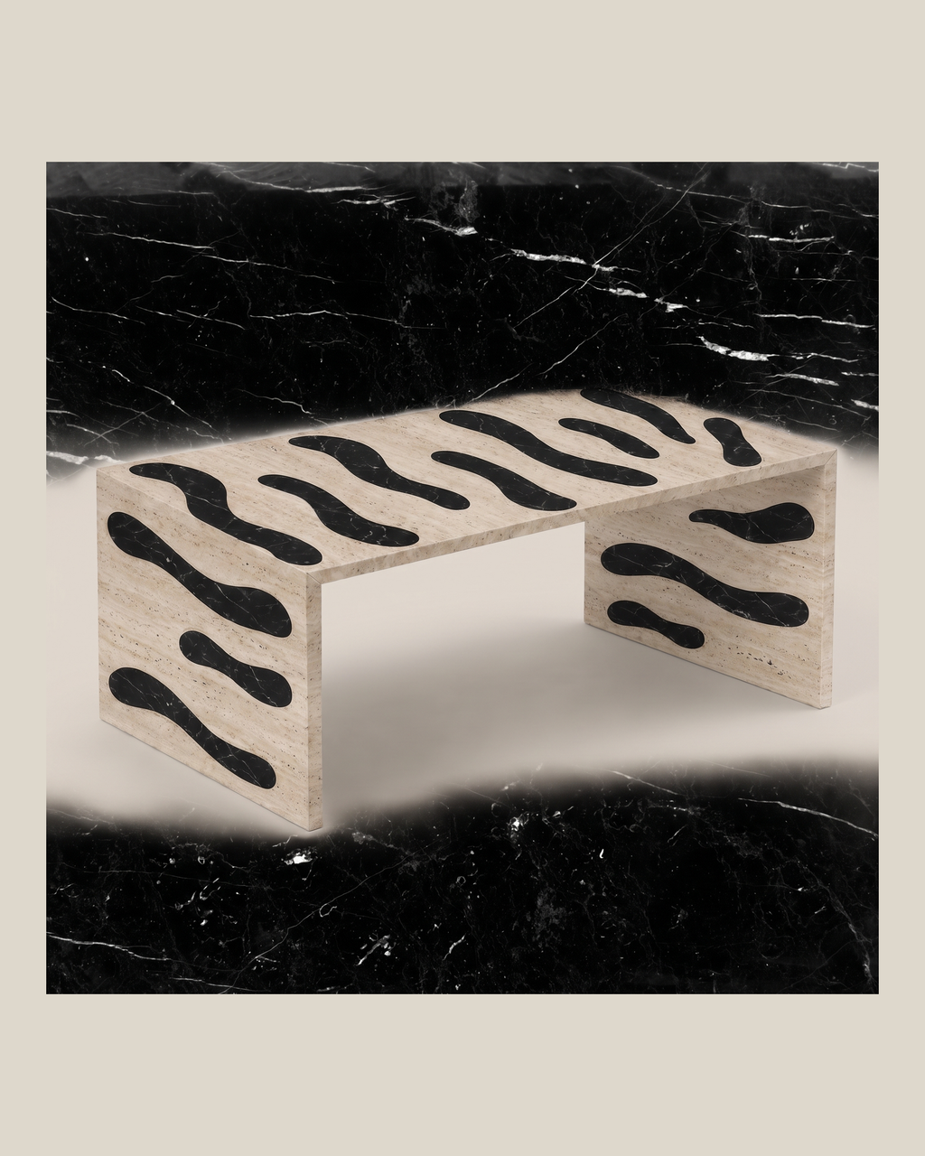 Tiger coffee table by CARVINGS in Beige Travertine and Nero Marquina on a BONE background.