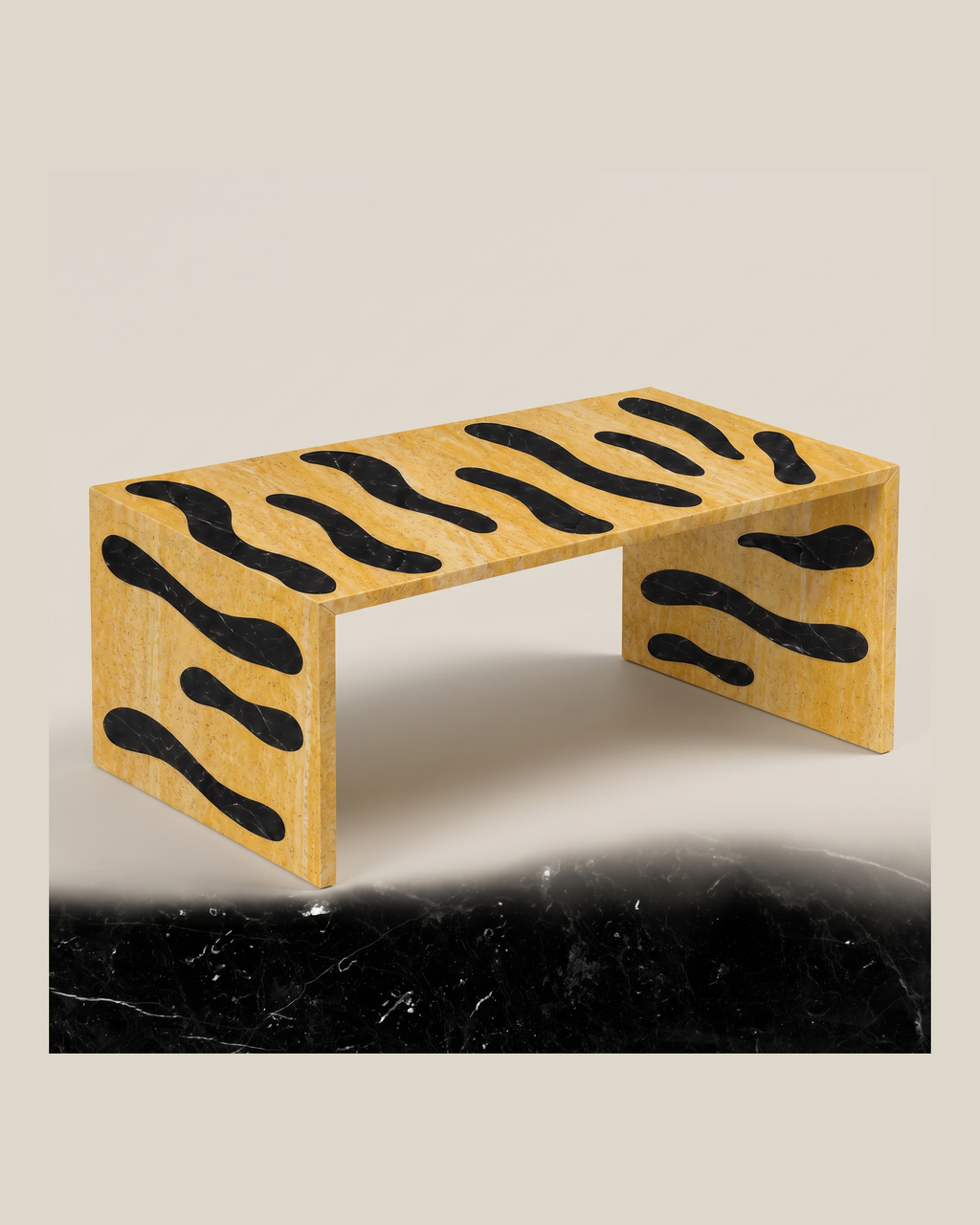 Tiger coffee table by CARVINGS in Yellow Travertine and Nero Marquina on a BONE background.