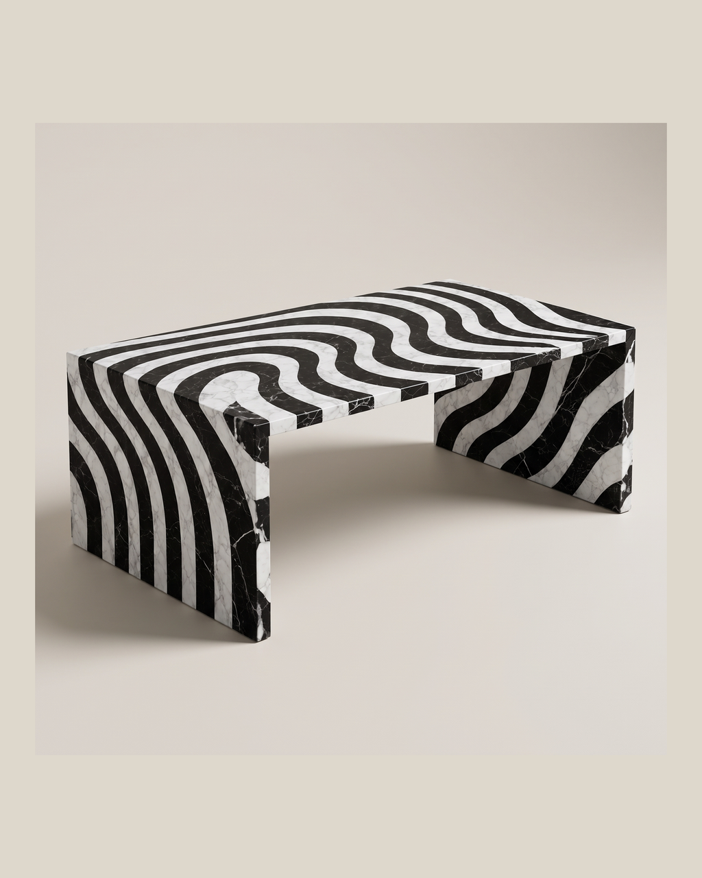 Zebra coffee table by CARVINGS in White Carrara and Nero Marquina on a BONE background.