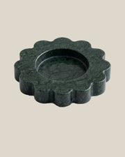 ATOMS Mini Sun Tray in Verde Marble, three-quarter view on BONE background; 12.5 cm diameter and 2 cm thick.