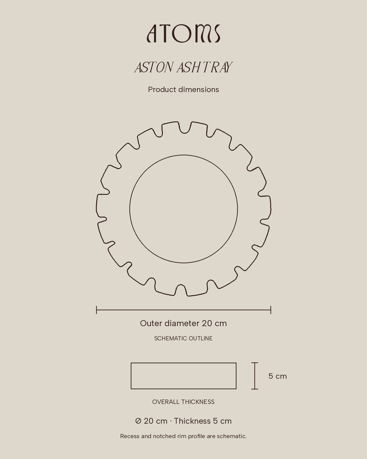 Aston Ash Tray schematic outline dimensions: outside diameter 20 cm and overall thickness 5 cm.