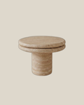 BALZANO Side Table in Travertine Beige on BONE background, 50 cm diameter and 45 cm high