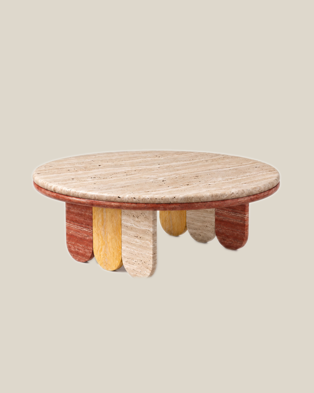 CACTUS coffee table by CARVINGS, Red, Yellow & Beige variant, on a BONE background.