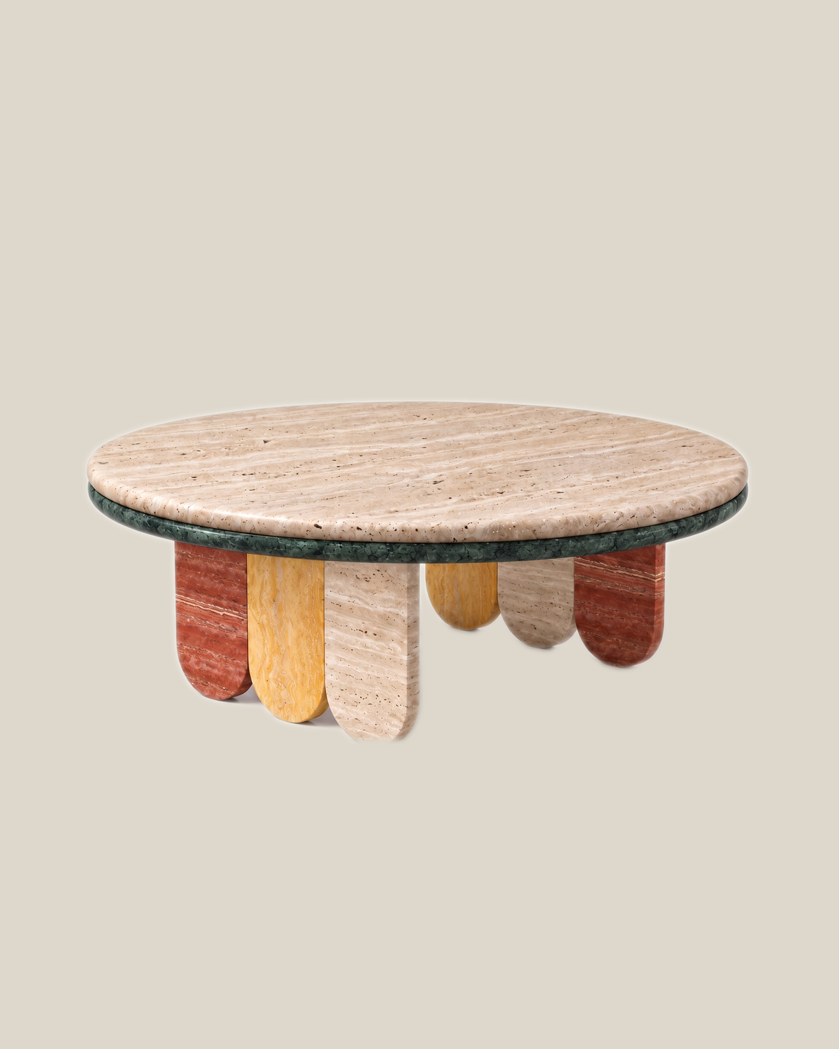 CACTUS coffee table by CARVINGS, Verde Ring variant, on a BONE background.
