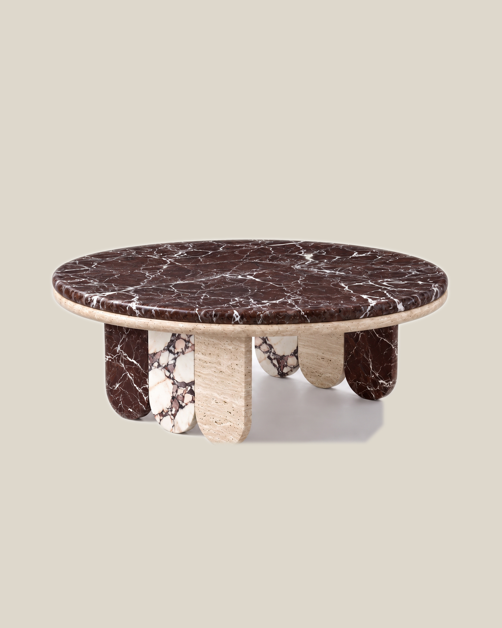 CACTUS coffee table by CARVINGS, Rosso Levante & Calacatta Viola variant, on a BONE background.