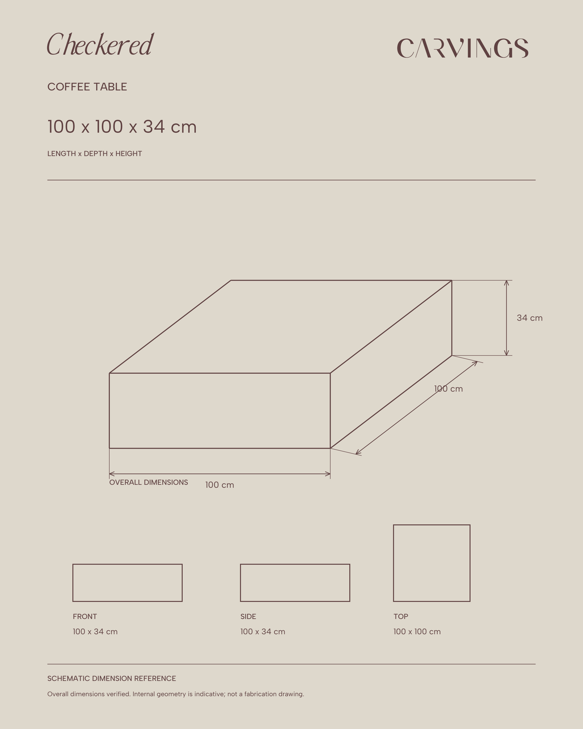 CHECKERED Coffee Table — verified overall dimensions — CARVINGS