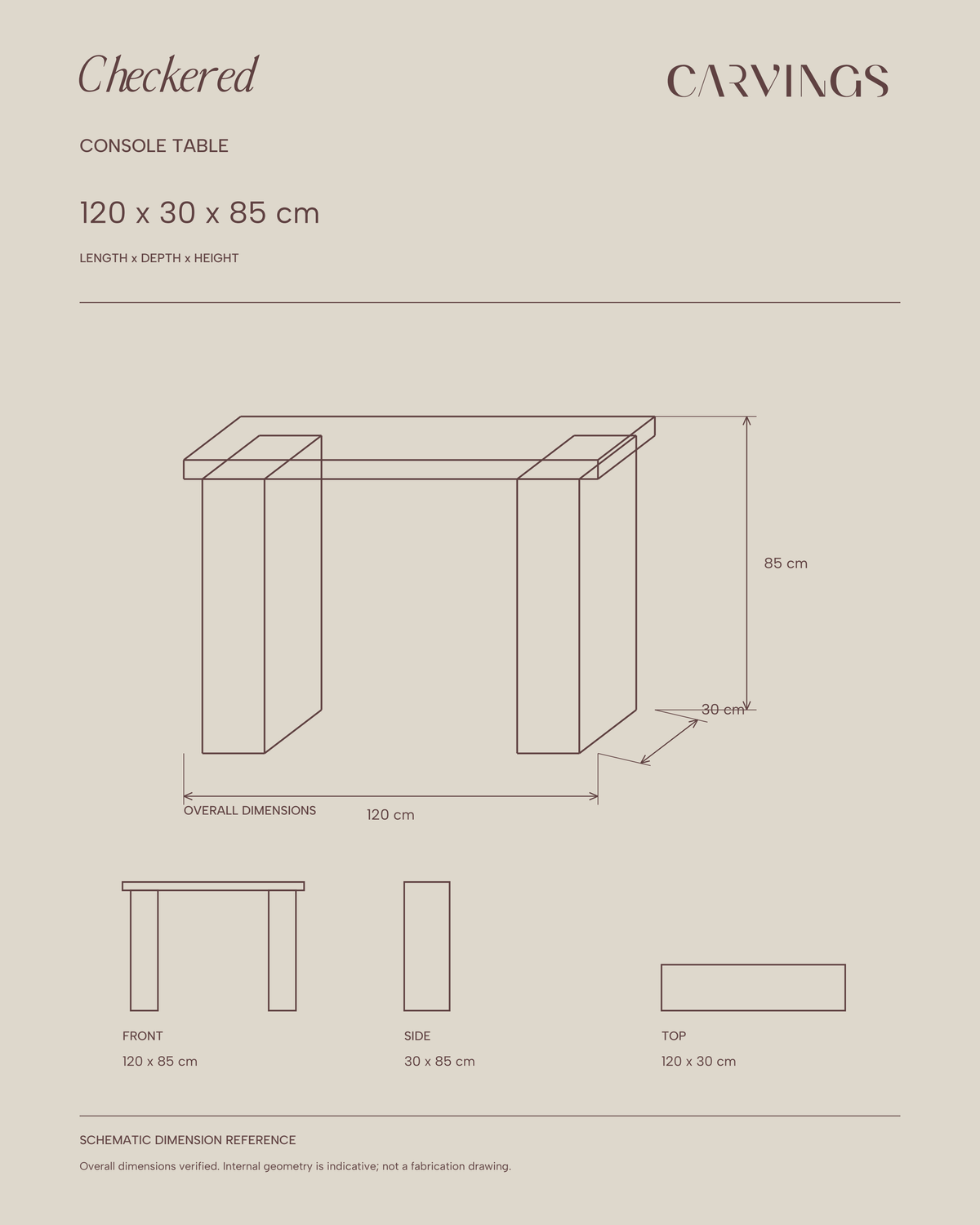 CHECKERED Console Table — verified overall dimensions — CARVINGS