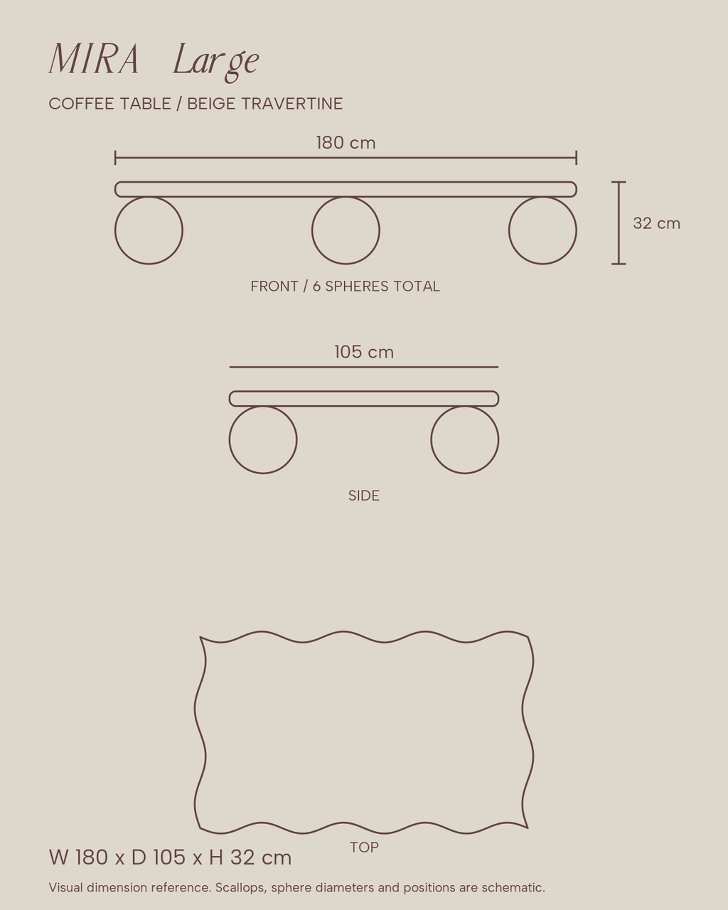 MIRA Large Beige Travertine coffee table — dimensions in cm