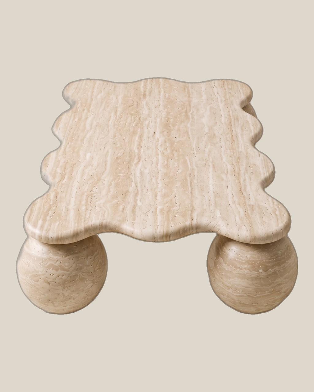 MIRA Small Beige Travertine coffee table — short-end view on Bone background