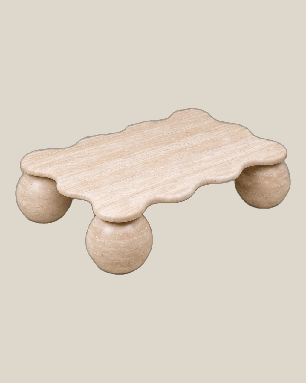 MIRA Small Beige Travertine coffee table — elevated view on Bone background
