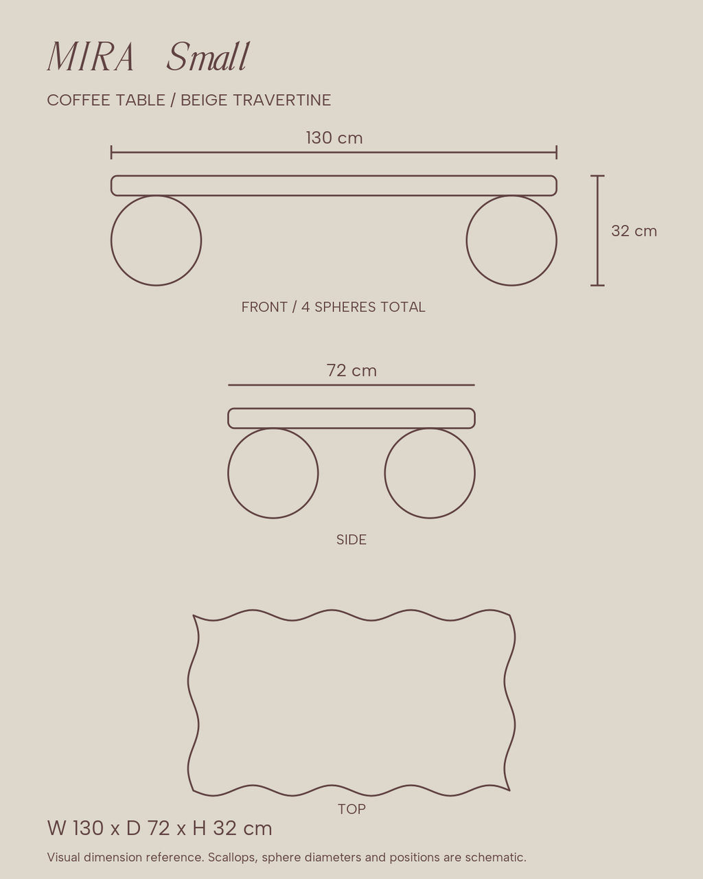 MIRA Small Beige Travertine coffee table — dimensions in cm