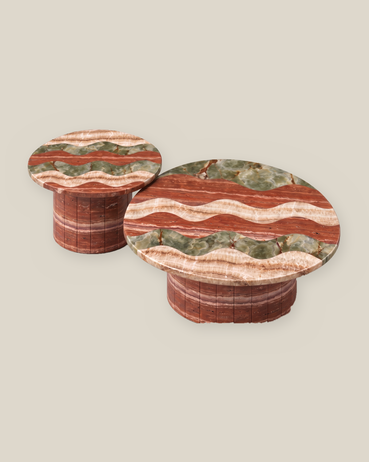 RIPPLE coffee table set by CARVINGS with Red Travertine bases on a BONE background.