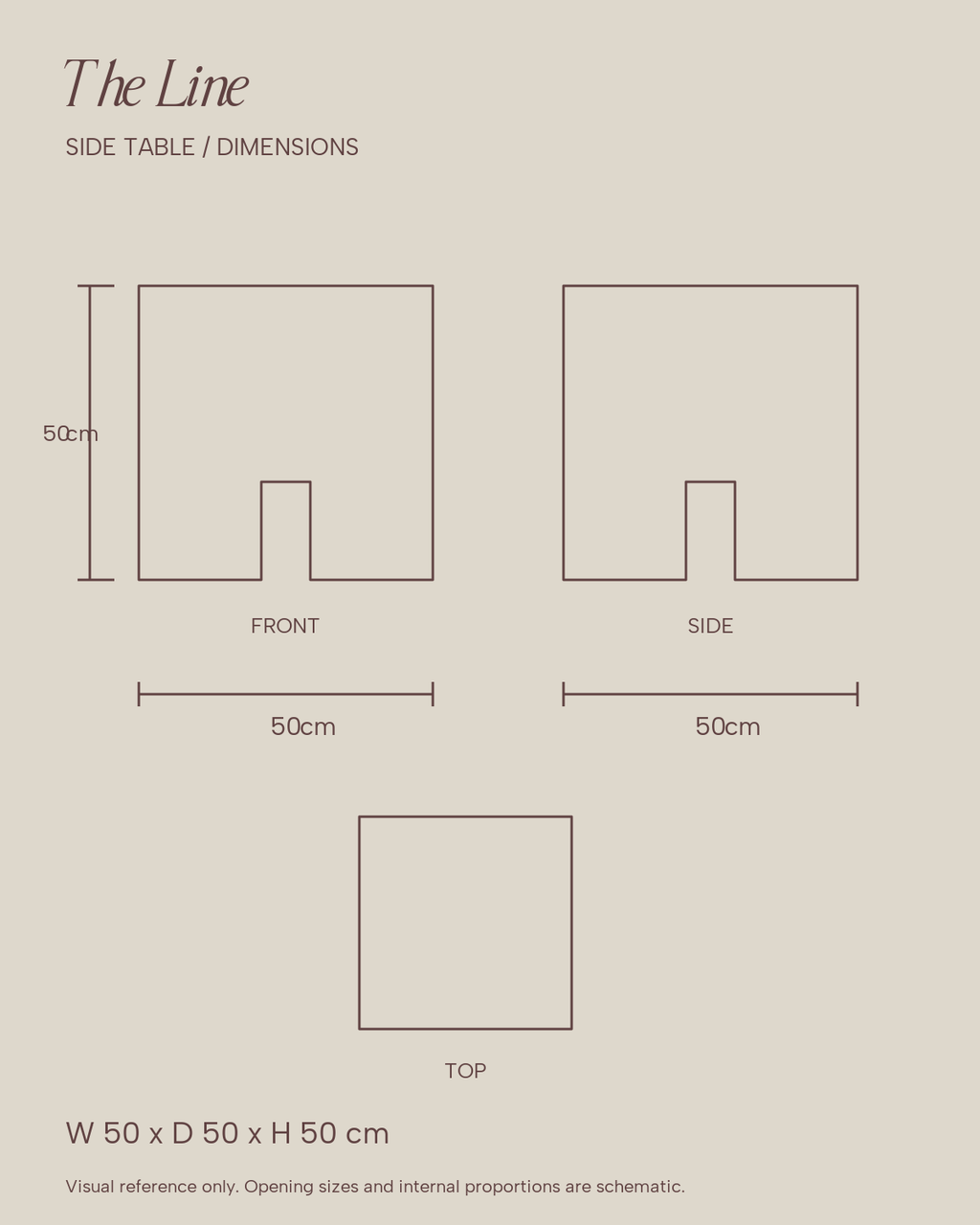 The Line Side Table dimension sketch — 50 × 50 × 50 cm