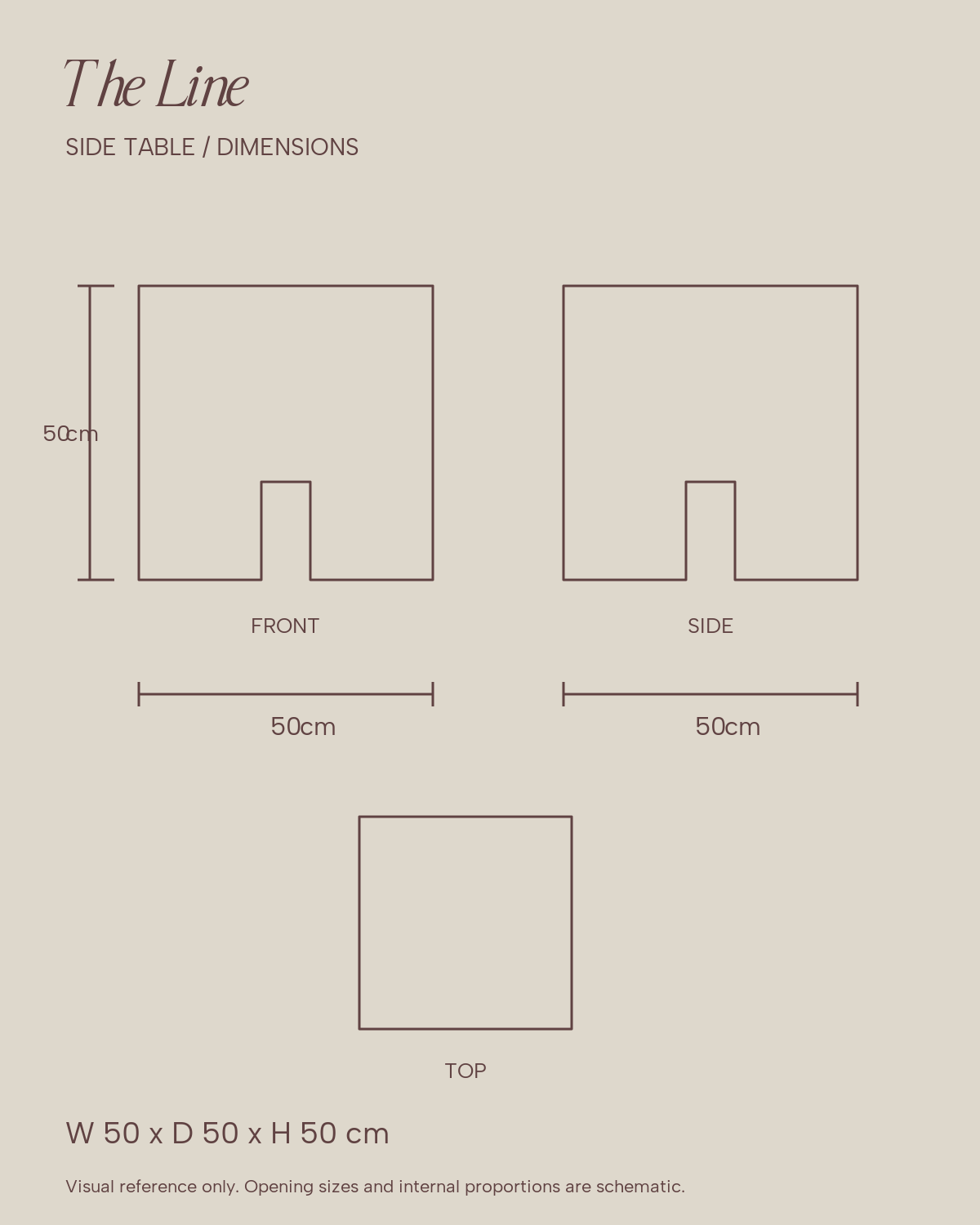 The Line Side Table dimension sketch — 50 × 50 × 50 cm