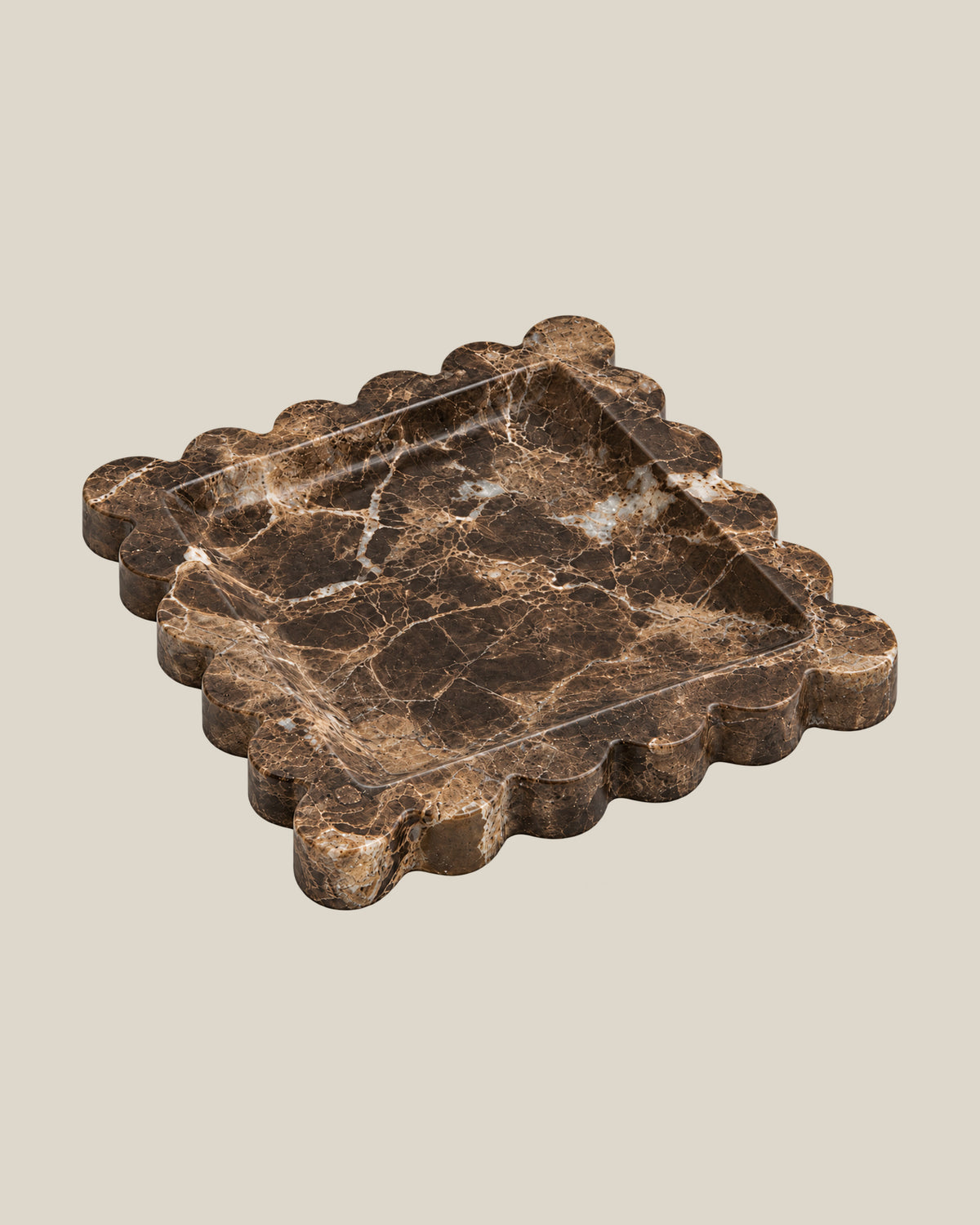 Tiffany Tray in brown marble, perspective view on BONE background — 20 × 20 cm, 2 cm thick