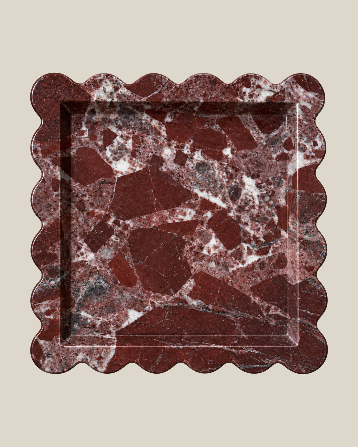 Tiffany Tray in burgundy marble, overhead view on BONE background — 20 × 20 cm, 2 cm thick
