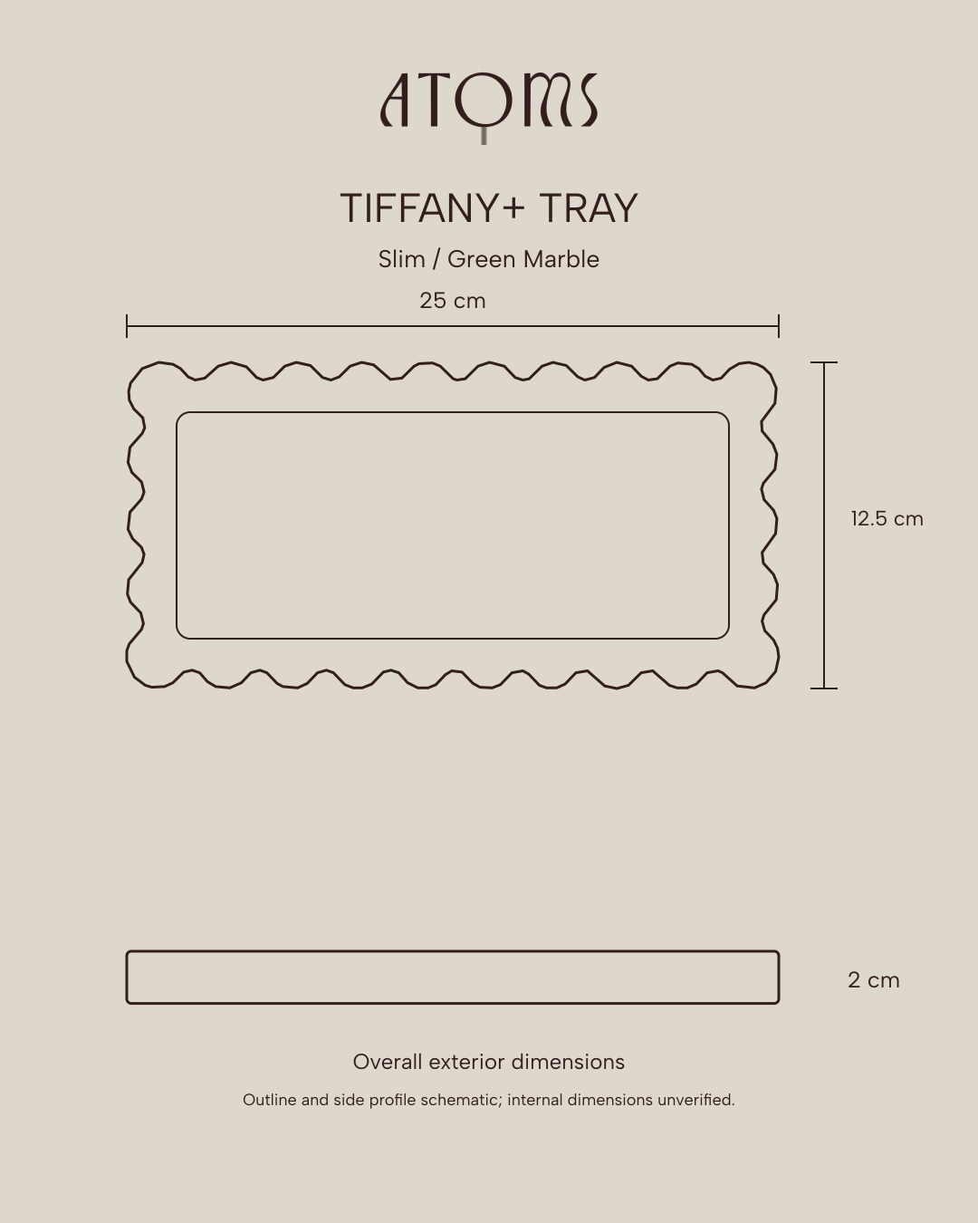 Tiffany+ Tray Slim: 25 × 12.5 × 2 cm overall exterior dimensions.
