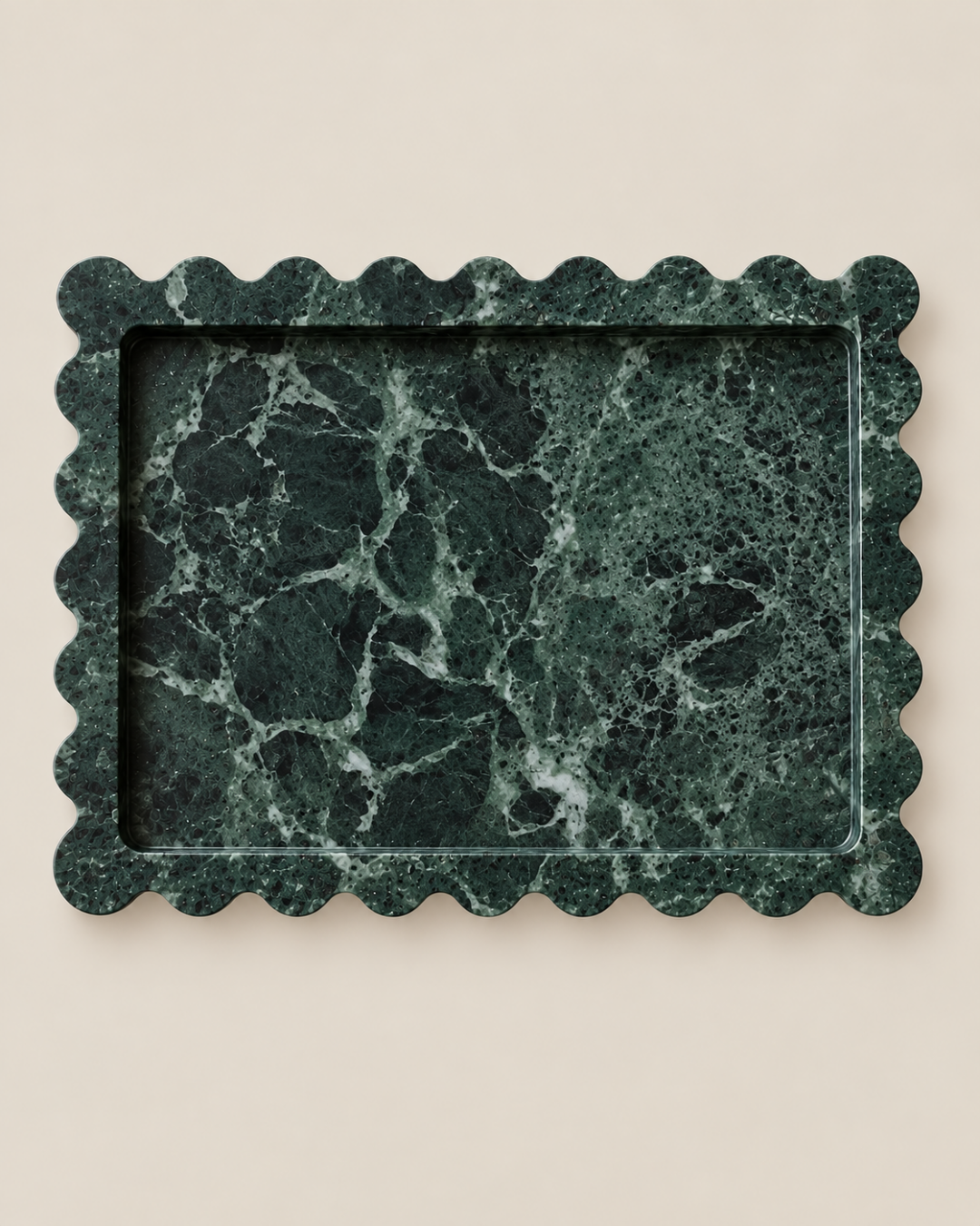 Tiffany+ Tray in Green Marble, Wide size, overhead view with scalloped edge.