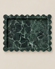 Tiffany+ Tray in Green Marble, Wide size, overhead view with scalloped edge.