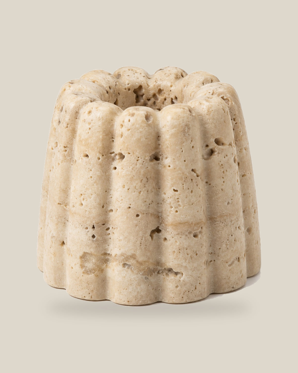 ATOMS Cupcake Essence Holder in Travertine Beige, front view, on BONE background.