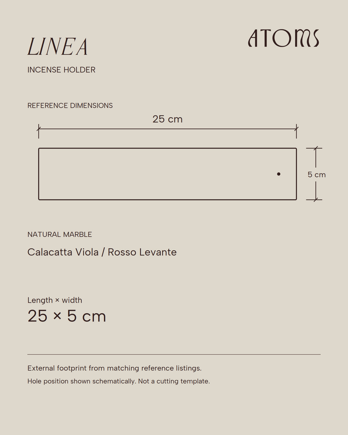 LINEA Incense Holder outline showing a reference footprint of 25 cm long by 5 cm wide.