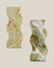 ATOMS Sezy Tray — Pale Green & Gold + Olive & White, paired styling; each tray sold separately on BONE background