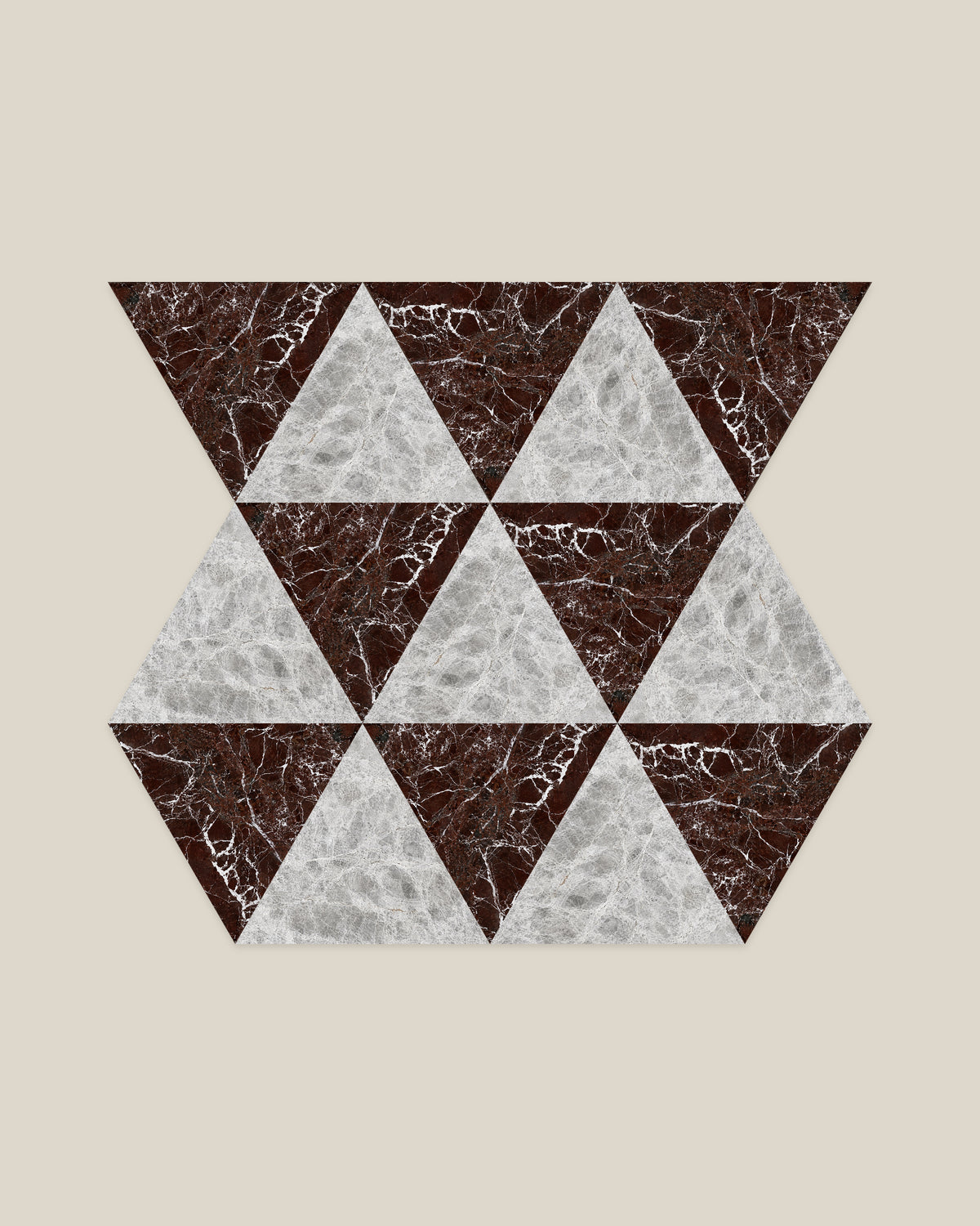 BLOC TRI-CHECKERS — Grey × Burgundy tile pattern on BONE background