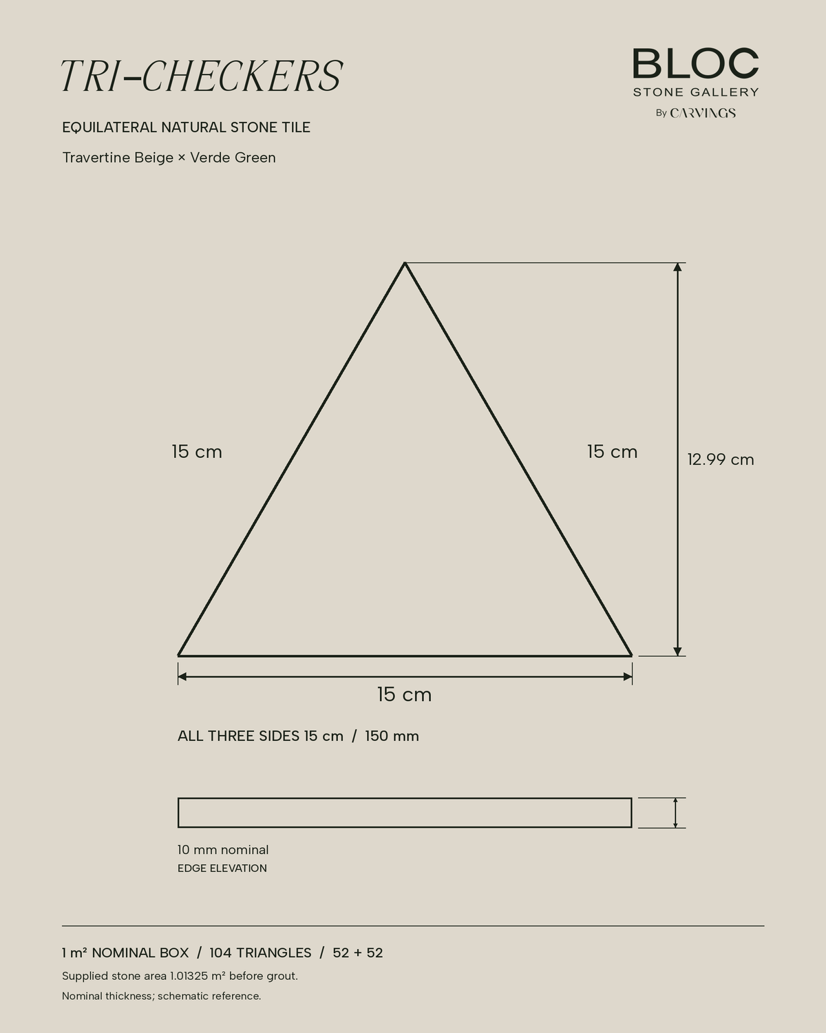 BLOC TRI-CHECKERS — Beige × Green triangle dimensions, 15 cm per side on BONE background