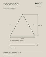 BLOC TRI-CHECKERS — Yellow × Green triangle dimensions, 15 cm per side on BONE background