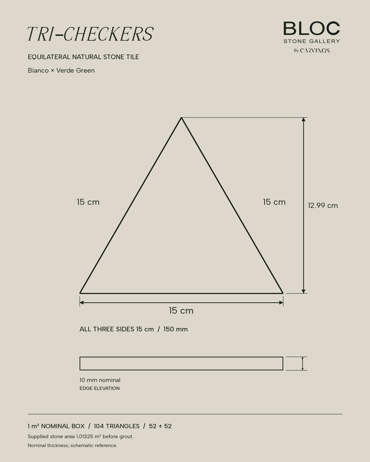 BLOC TRI-CHECKERS — Plain White × Green triangle dimensions, 15 cm per side on BONE background