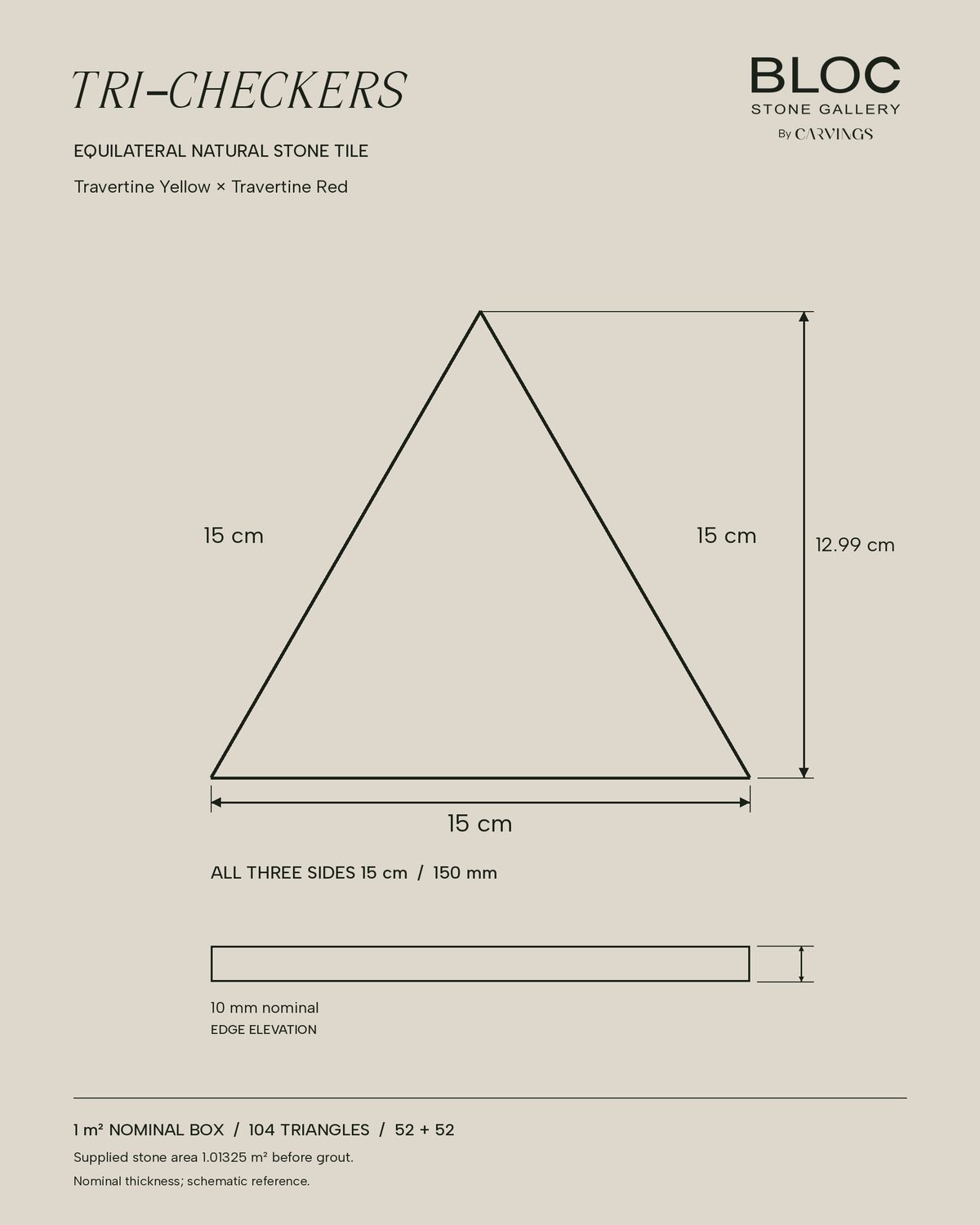BLOC TRI-CHECKERS — Yellow × Red triangle dimensions, 15 cm per side on BONE background
