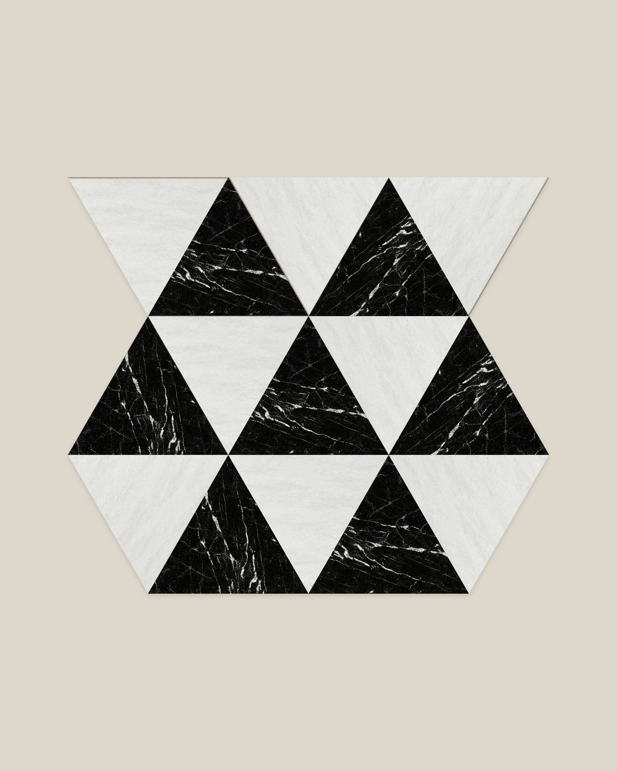 BLOC TRI-CHECKERS — Black × Plain White tile pattern on BONE background