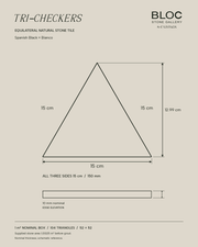 BLOC TRI-CHECKERS — Black × Plain White triangle dimensions, 15 cm per side on BONE background