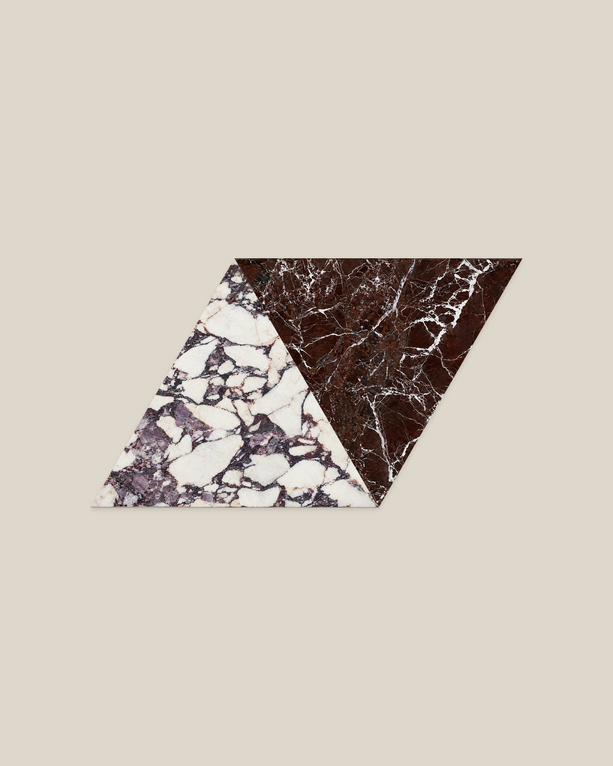 BLOC TRI-CHECKERS — Viola × Rosso paired triangles on BONE background