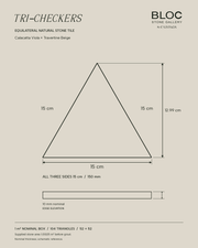 BLOC TRI-CHECKERS — Viola × Beige triangle dimensions, 15 cm per side on BONE background