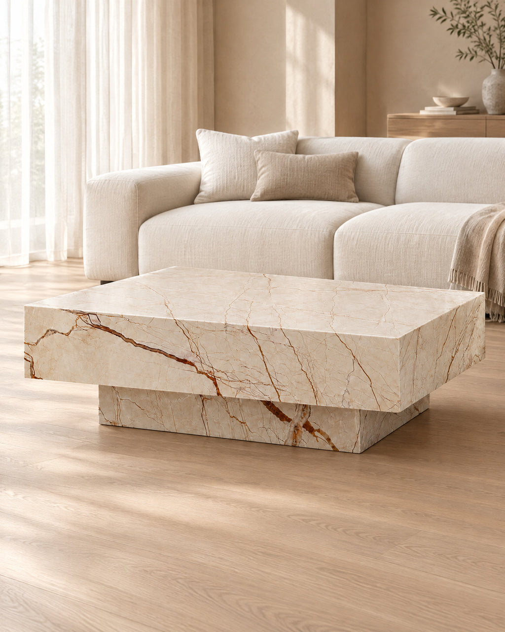 BUTTER coffee table by CARVINGS in Sofita Beige Marble, in a styled living room, right view.