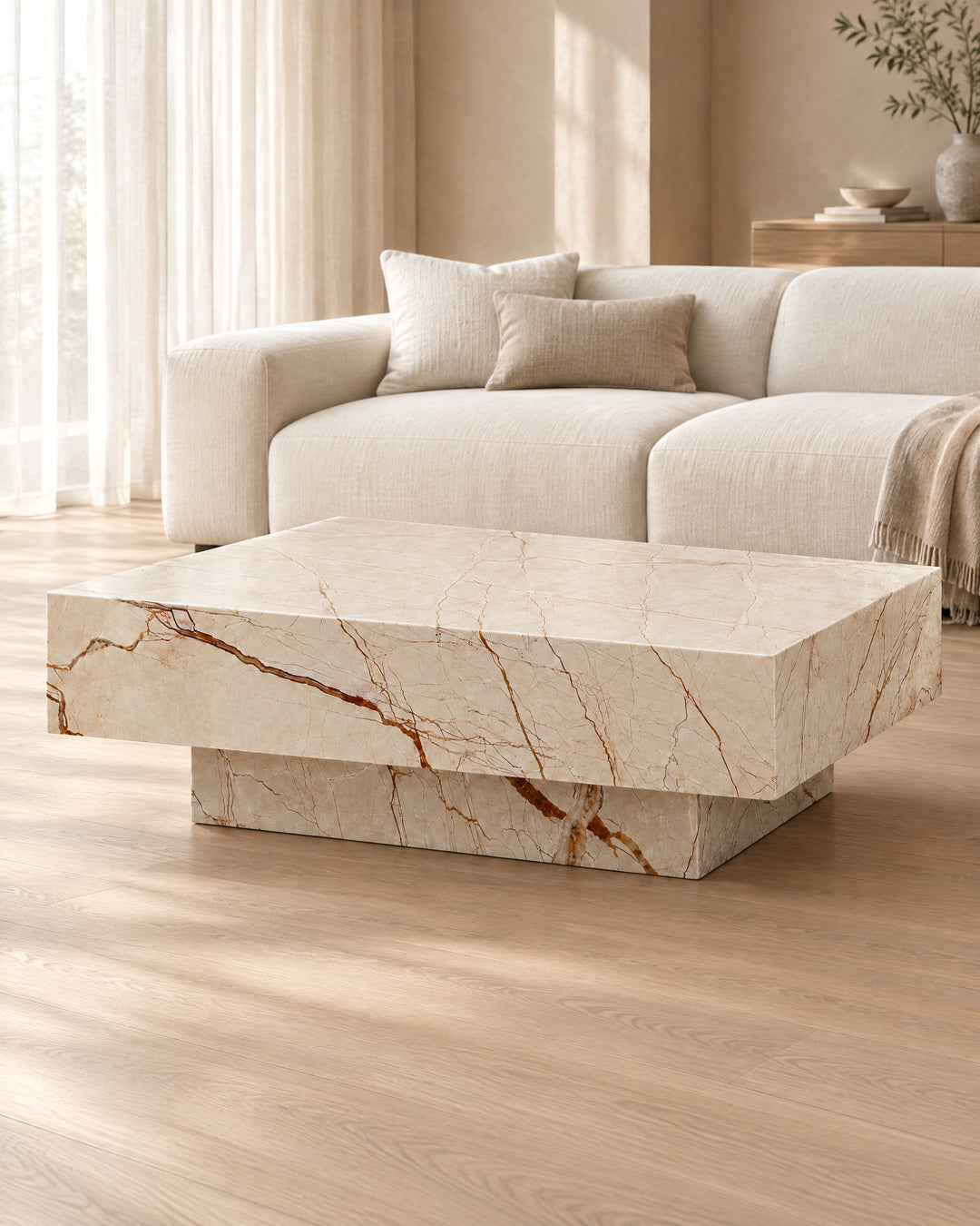 BUTTER coffee table by CARVINGS in Sofita Beige Marble, in a styled living room, right view.