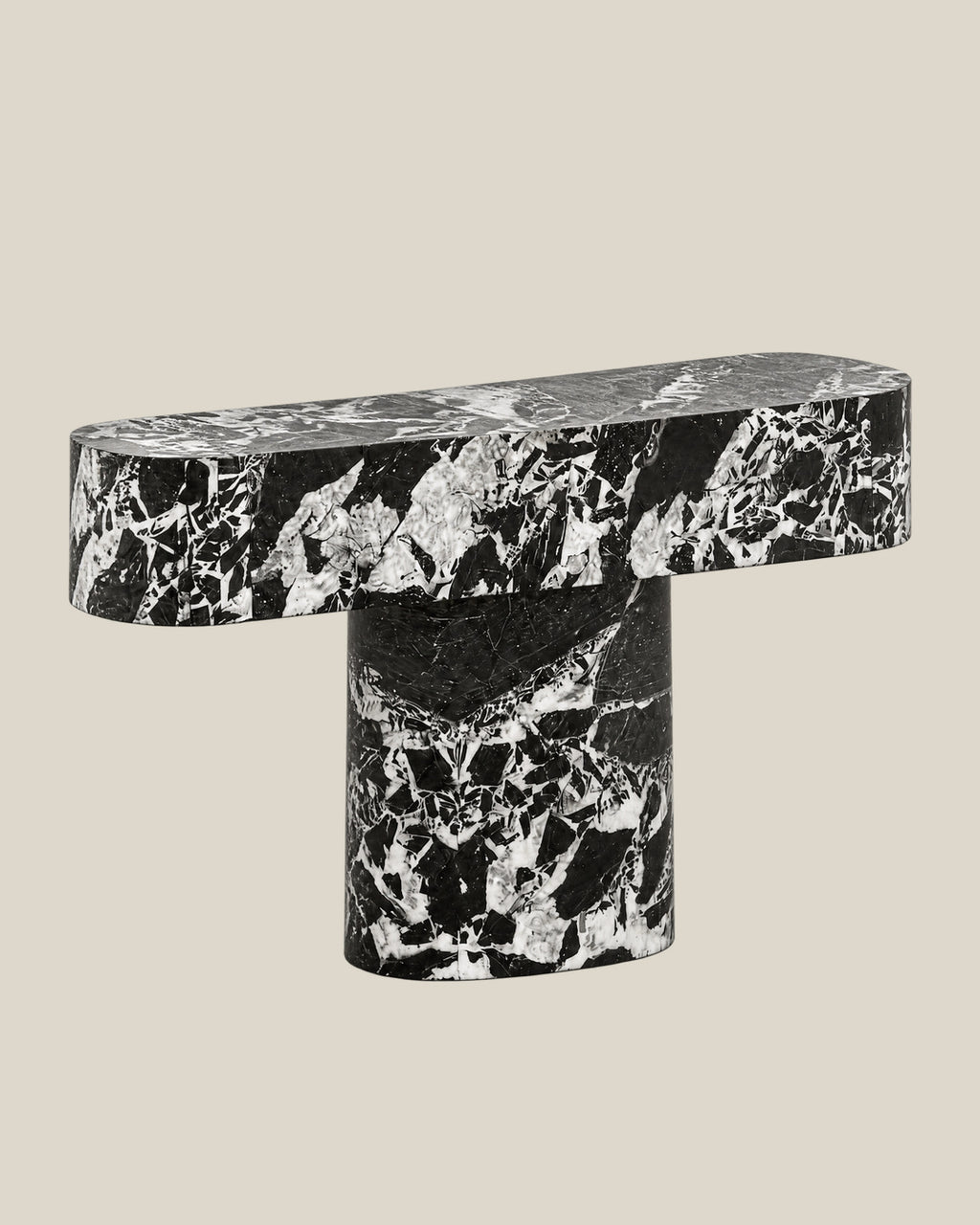 BUTTER console table by CARVINGS in Grand Antique Black Marble, on a BONE background, left view.