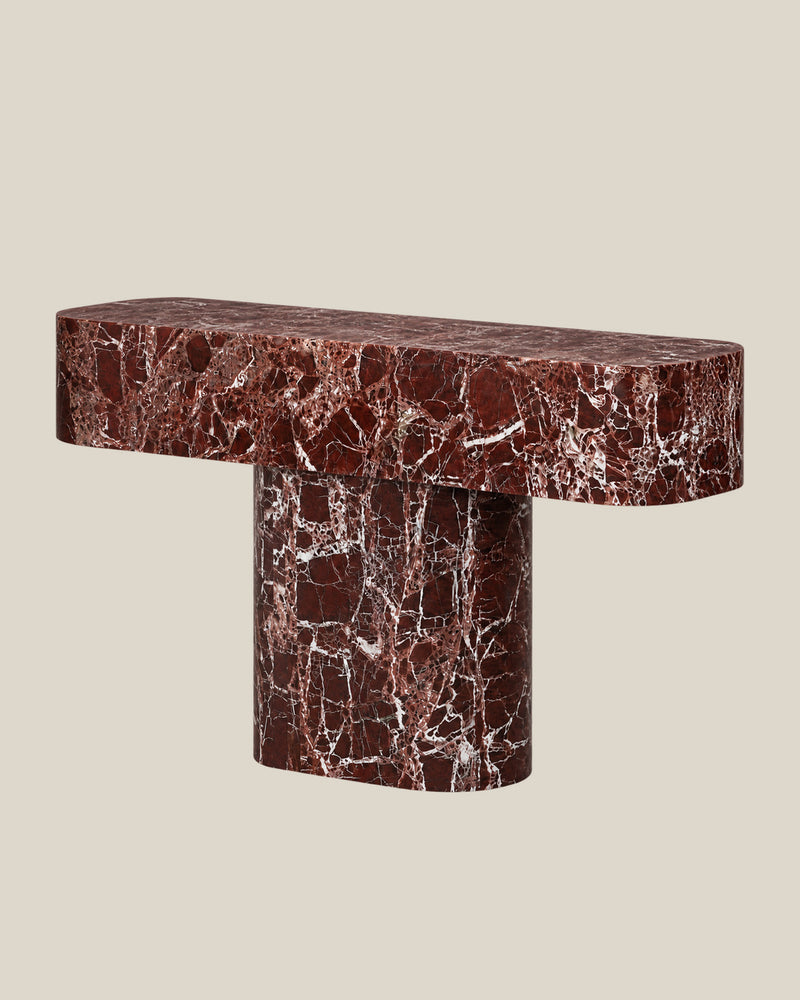 BUTTER console table by CARVINGS in Rosso Levante Marble, on a BONE background, right view.
