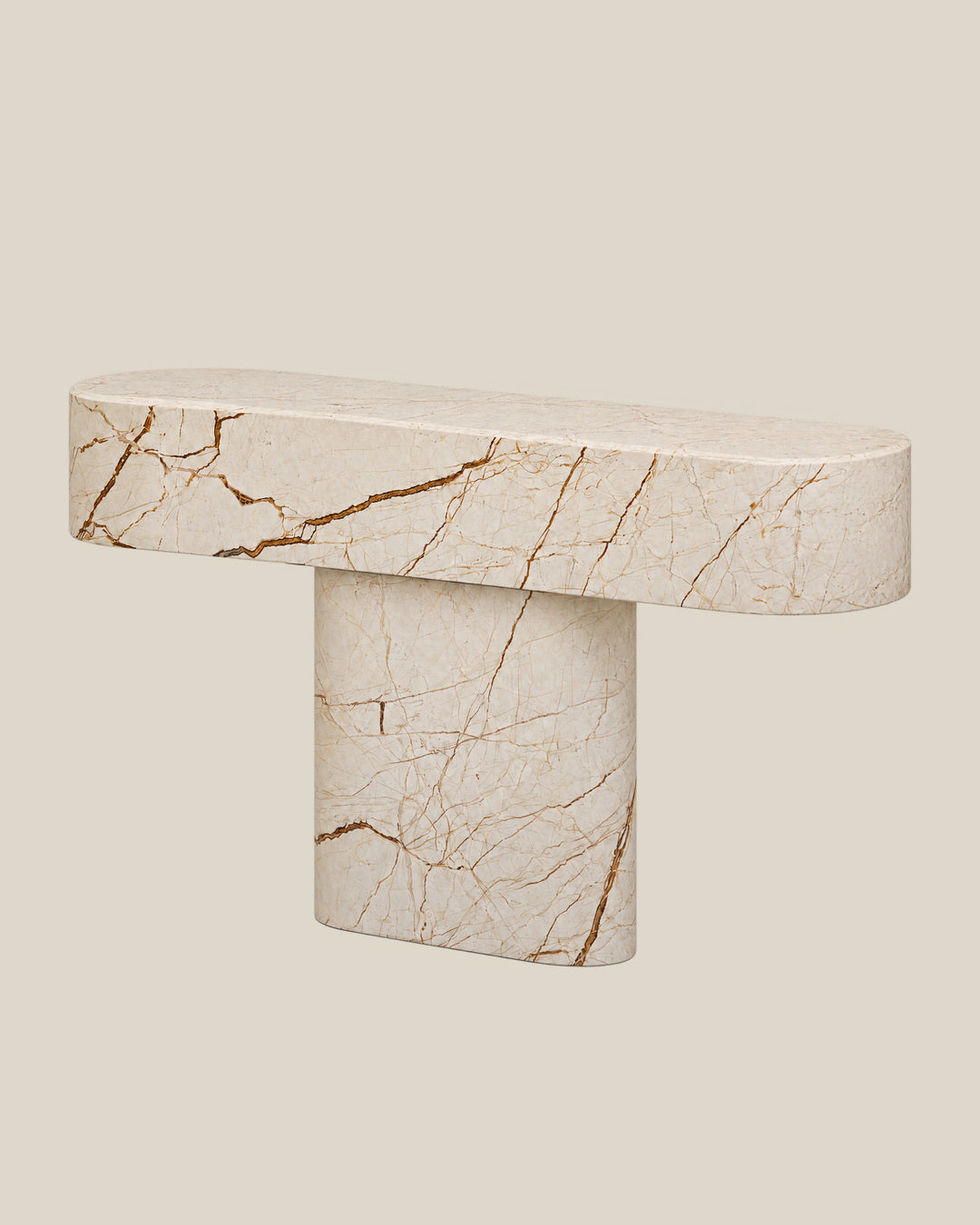 BUTTER console table by CARVINGS in Sofita Beige Marble, on a BONE background, right view.
