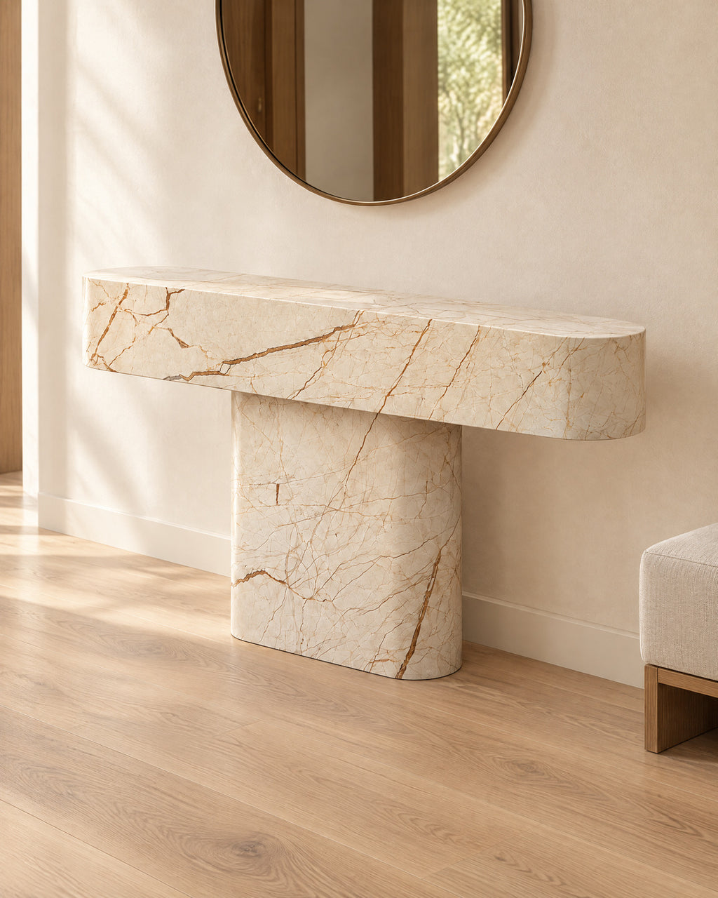 BUTTER console table by CARVINGS in Sofita Beige Marble, in a styled interior, right view.