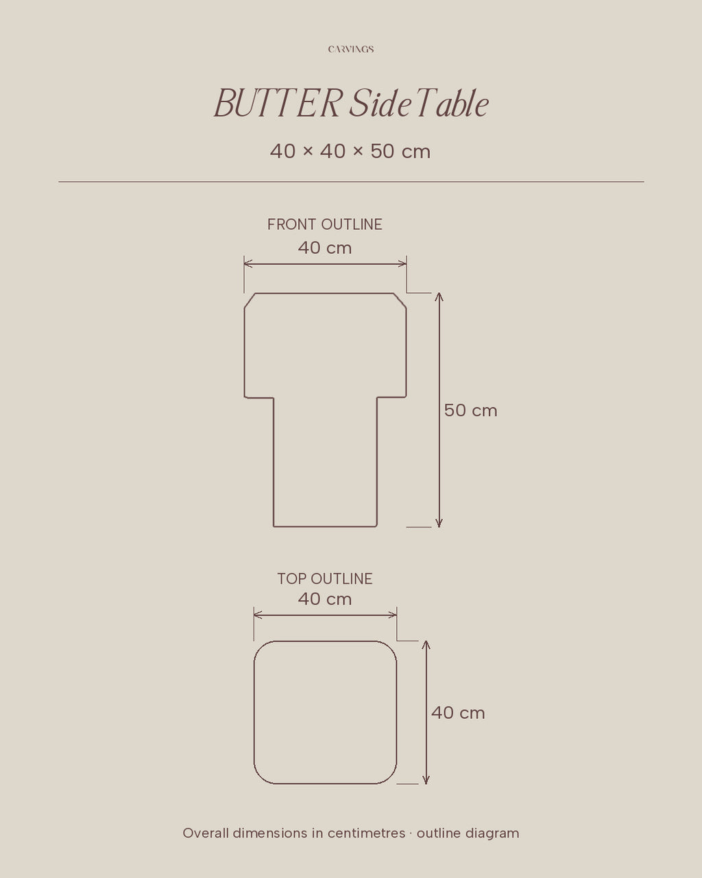 BUTTER side table by CARVINGS, dimension outline: width 40 cm, depth 40 cm, height 50 cm.