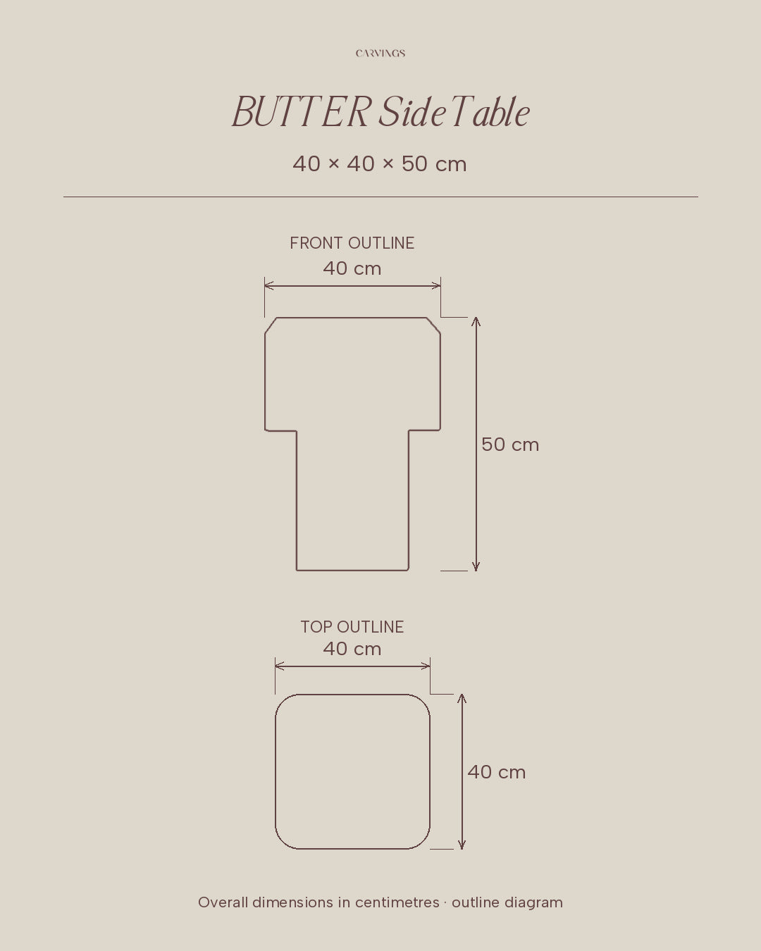 BUTTER side table by CARVINGS, dimension outline: width 40 cm, depth 40 cm, height 50 cm.