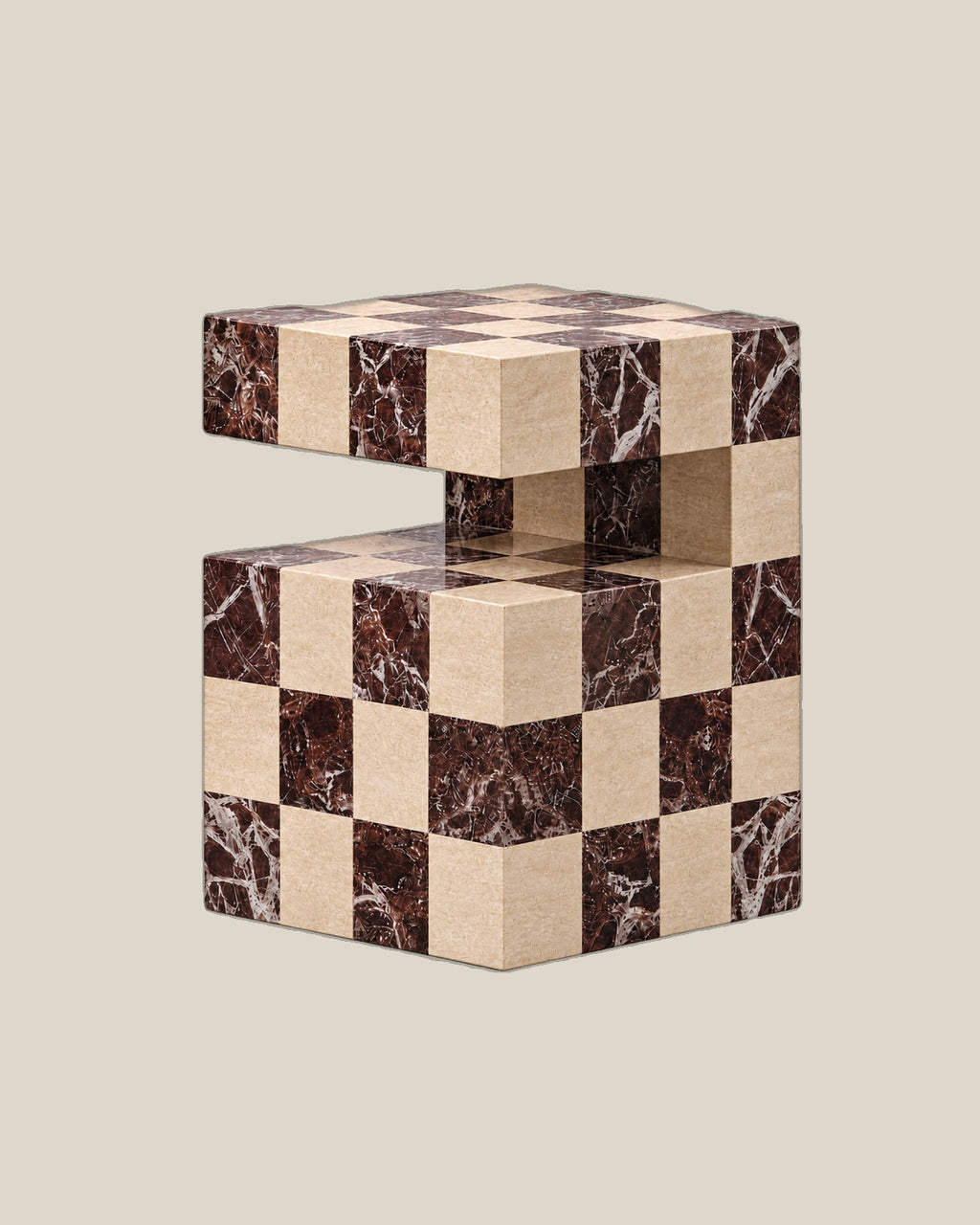 Cookie Side Table - Checkered Travertine and Rosso Levante - 40 x 40 x 52 cm