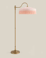 FRINGE Floor Lamp — Blush Pink shade and brass stand on Bone background