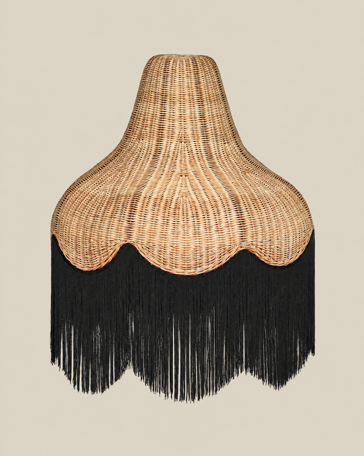 LA LUZ Classic Cone Bamboo Lampshade with black fringe on a bone background, portrait 4:5